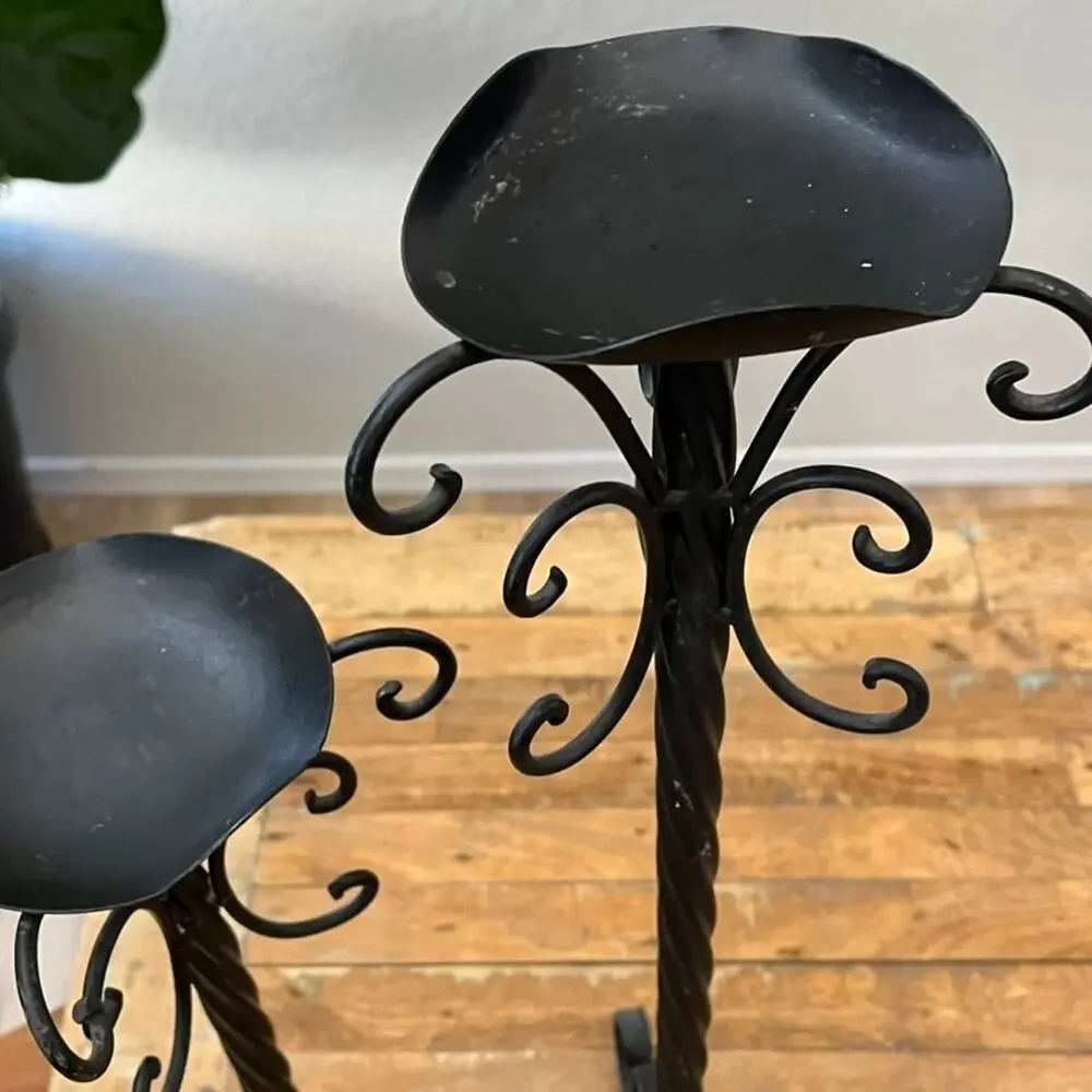 Vintage Black Metal Scroll Candle Holders Stand